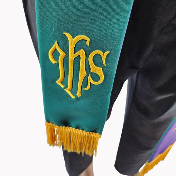 Abbott Hall 88in Reversible Purple Green IHS Clergy Stole Embroidered Vestment - Picture 2 of 6